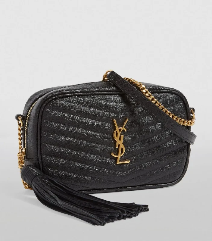 Yves Saint Laurent mini bags with chain strapsYSL SAINT LAURENT Lou mini quilted textured-leather shoulder bag (Black)