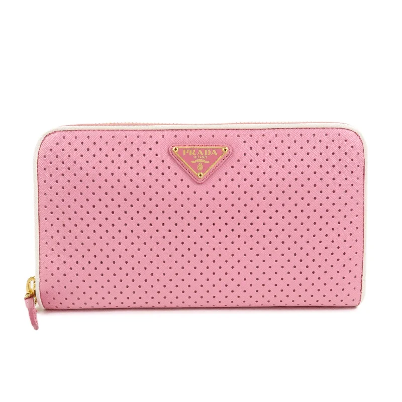 Prada handbags with a beaded trim for a touch of glamour and elegancePRADA Logo Nylon Saffiano Leather Round Zippy Wallet Pink 1M0506