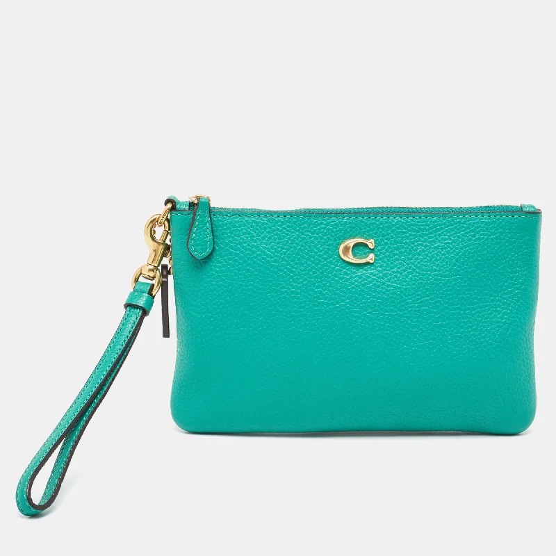 Coach handbags with a metal - framed clasp for durability and styleGreen Leather Wristlet Zip Pouch