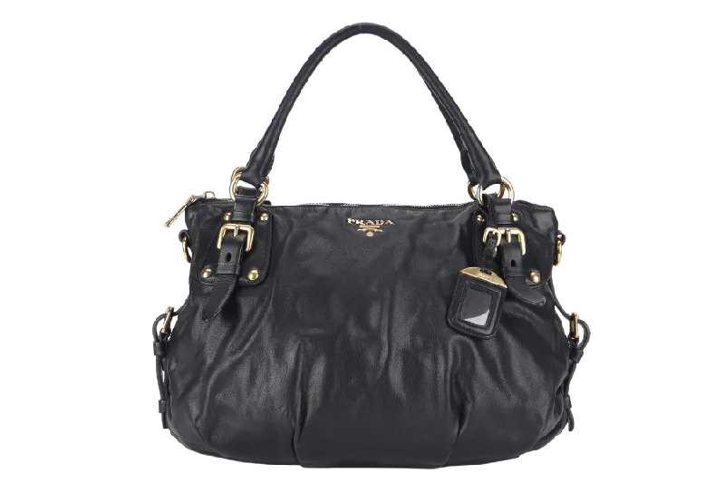 Prada bags with a snap - button closure and a decorative charm for a fashionable lookPRADA SATCHEL BAG (BR4281) WITH STRAPS BLACK CALFSKIN NO DUST COVER