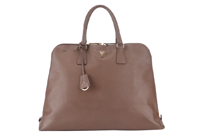 Prada Cleo bags with a contrast - colored interior for visual interestPRADA BEIGE SAFFIANO LUX LEATHER LARGE PROMENADE SATCHEL GOLD HARDWARE NO DUST COVER