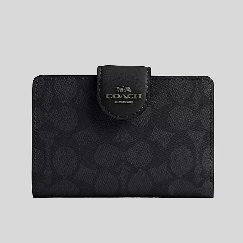 Coach handbags with a beaded trim for a glamorous and elegant lookCOACH Medium Corner Zip Wallet In Signature Canvas Charcoal/Black CW786