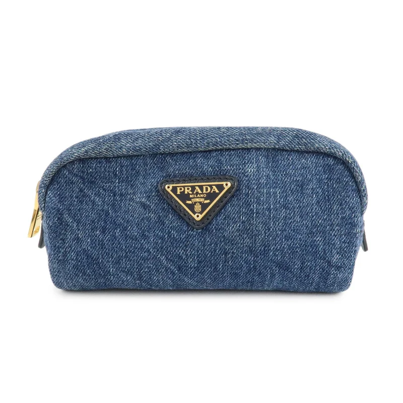 Ladies Prada shoulder bags with a wide - width strap for enhanced comfortPRADA Logo Canvas Leather Pouch Cosmetic Pouch Blue 1NA175