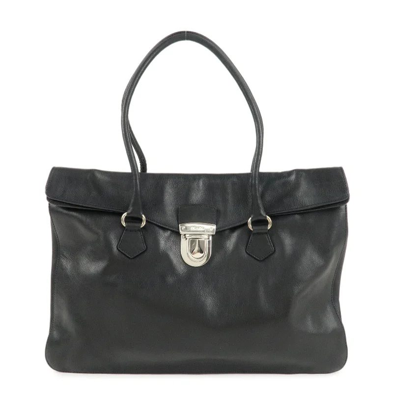 Prada bags with a front - zip pocket for small items like cards and keysPRADA Leather Tote Bag Shoulder Bag Black Silver Hardware