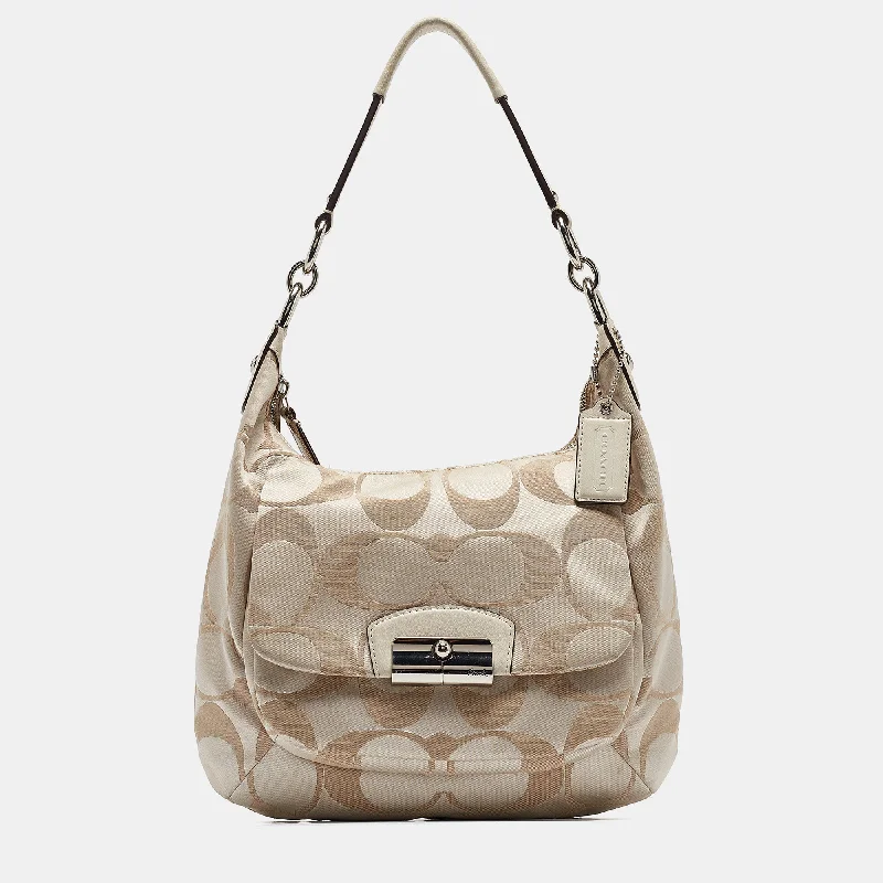 Ladies Coach handbags with a detachable wallet insert for added convenienceBeige Signature Fabric Kristine Hobo