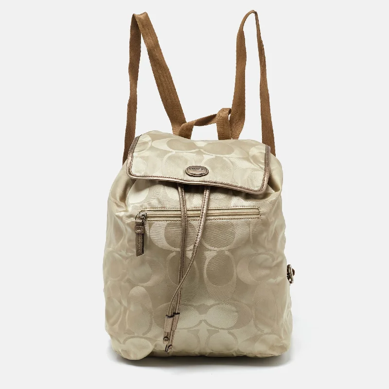 Ladies Coach crossbody bags with a wide - width strap for comfortBeige/Metallic Signature Nylon and Leather Backpack