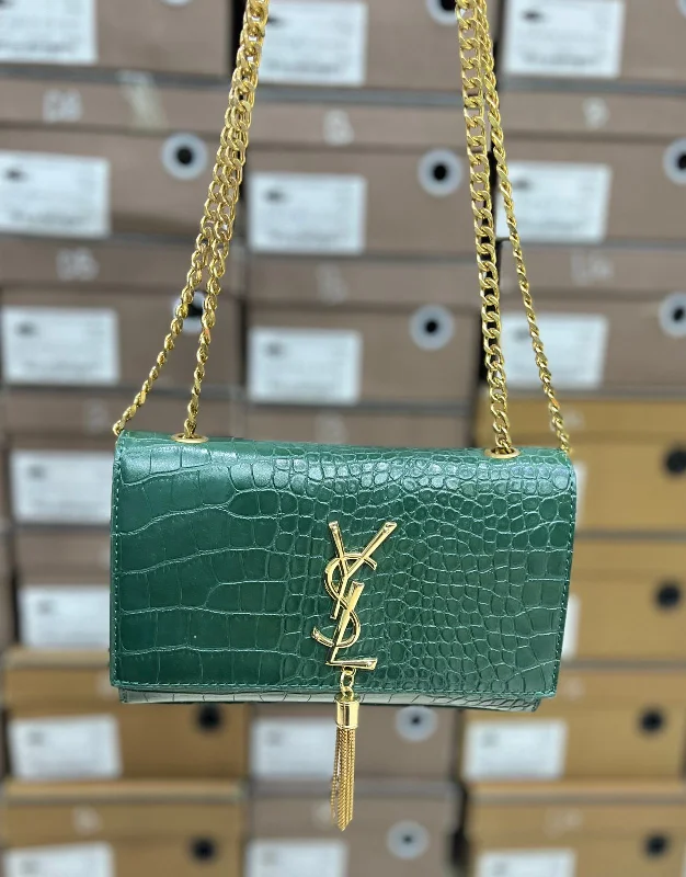 Yves Saint Laurent bags with bold metallic accentsSaint Laurent Croc Embossed Tassel Crossbody Bag For Girls (Green)