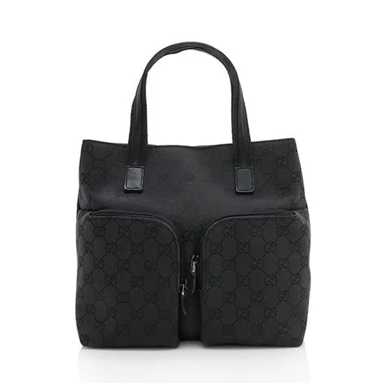 Women Gucci bags with a front - zip pocket for small itemsGucci GG Canvas Leather Double Pocket Mini Tote