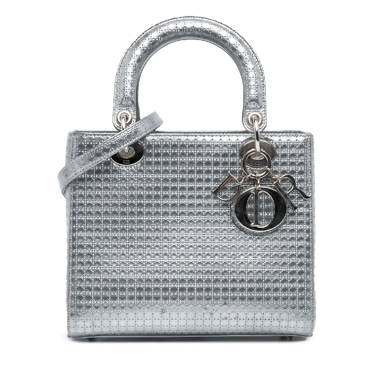 Trendsetting Christian Dior crossbody bags with a colorful strapSilver Dior Medium Patent Microcannage Lady Dior Satchel