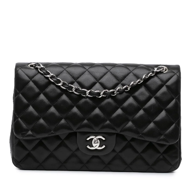 Chanel bags with intricate metal hardwareBlack Chanel Jumbo Classic Lambskin Double Flap Shoulder Bag