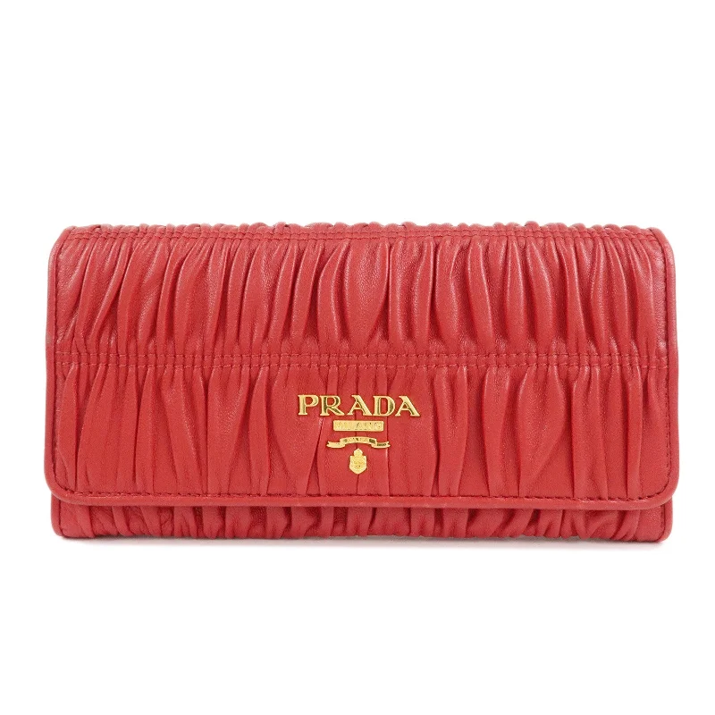 Prada bags with a front - zip pocket for small items like cards and keysPRADA Logo Leather Bi-Fold Long Wallet Red Gold Hardware