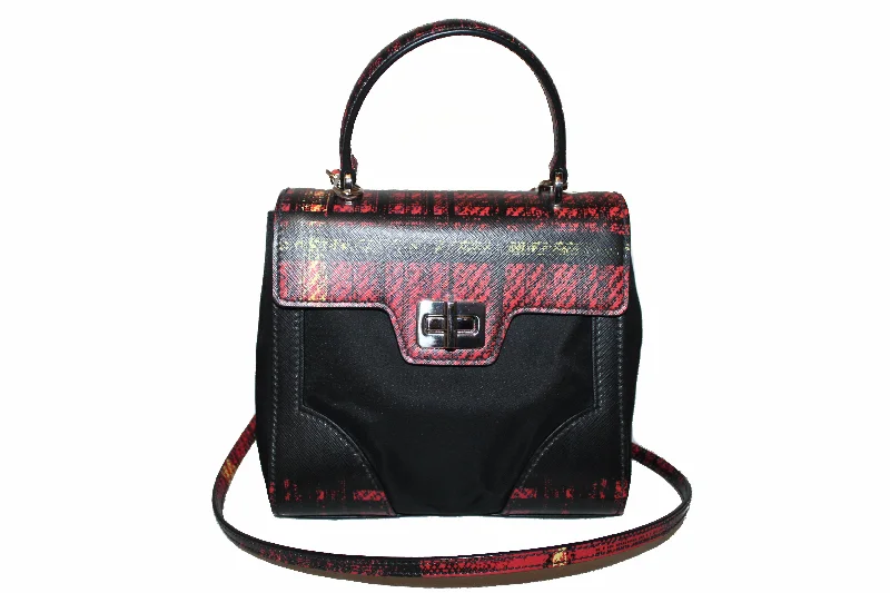 Prada tote bags with a double - handle and shoulder - strap option for easy useAuthentic New Prada Red Plaid Tartan Saffiano Leather and Nylon Top Handle Messenger Bag with Long Strap