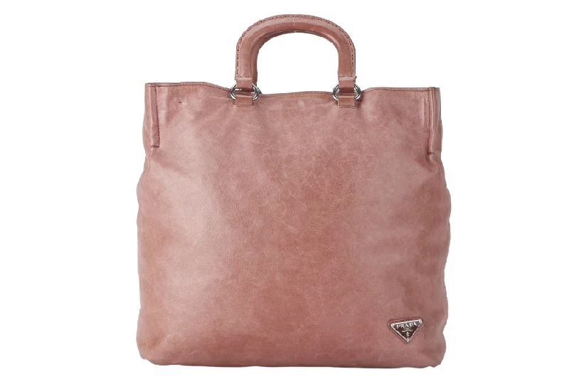 Prada tote bags with a printed Prada logo on the front for brand visibilityPRADA SHOPPER BAG PINK AGED CALF LEATHER SILVER HARDWARE WITH STRAP AND DUST COVER