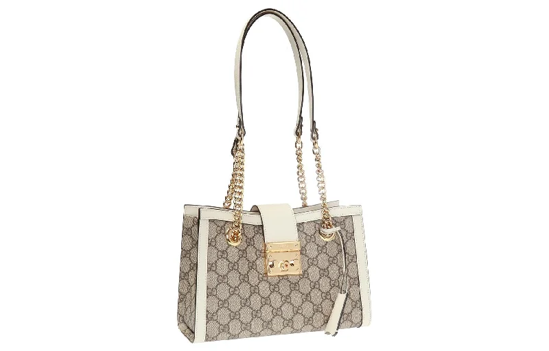 Gucci Marmont bags for women with a contrast - colored interior(WMNS) GUCCI Padlock Metallic Logo Canvas Chain handbag Small / White 498156-KHNKG-9761