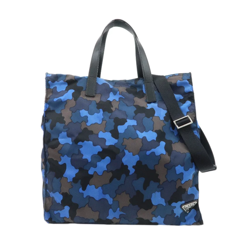 Prada bags with a detachable mobile phone holder for on - the - go conveniencePRADA Logo Camouflage Nylon Leather 2Way Tote Shoulder Bag