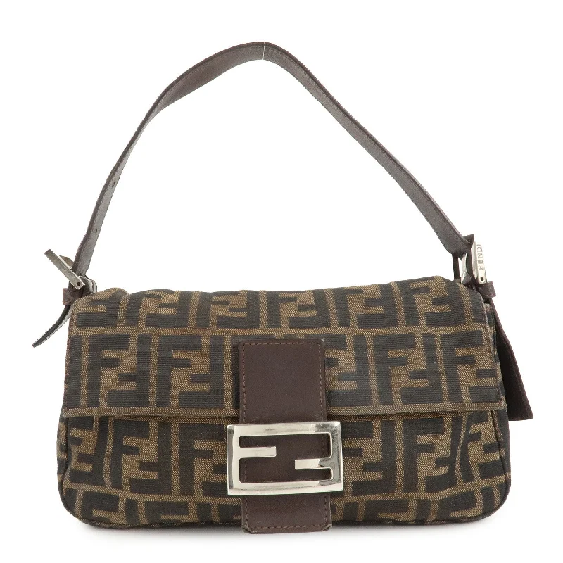 Fendi By The Way bags with a 3D - printed FF logo for a modern and textured lookFENDI Mamma Baguette Zucca Canvas Leather Shoulder Bag Brown