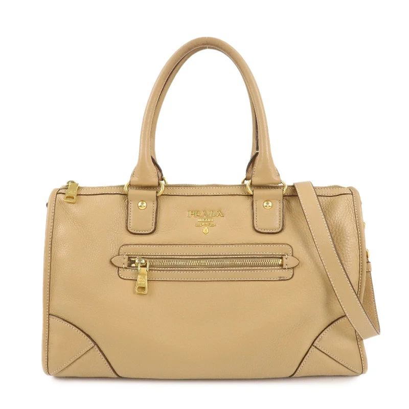 Prada bags with a detachable mirror inside for quick touch - upsPRADA Logo Leather 2Way Bag Hand Bag Shoulder Bag Beige