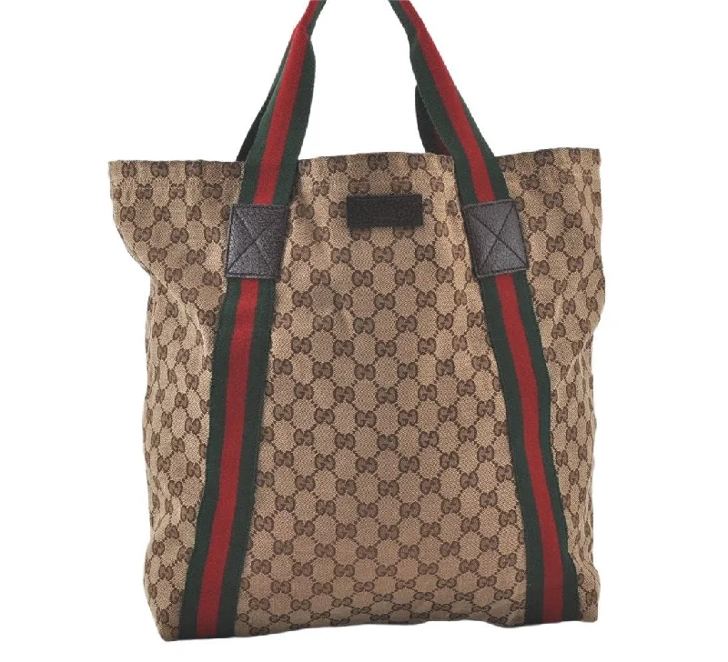 Women Gucci bags with a zippered interior pocketAuthentic GUCCI Web Sherry Line Shoulder Tote Bag GG Canvas Leather Brown 7684K