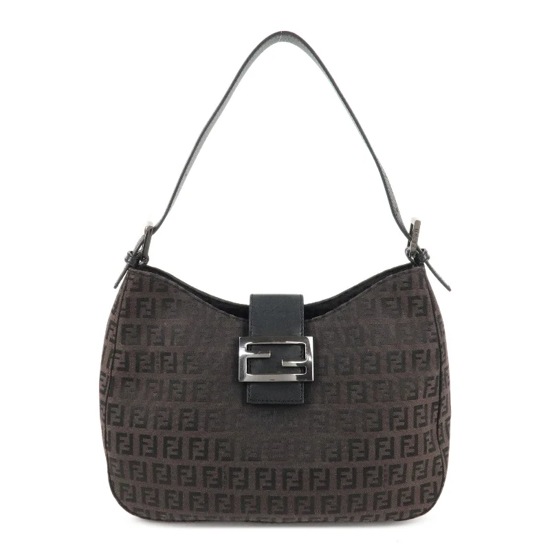 Ladies Fendi crossbody bags with a single - strap design for simplicity and ease of useFENDI Zucchino Canvas Leather Shoulder Bag Brown Black 8BR036