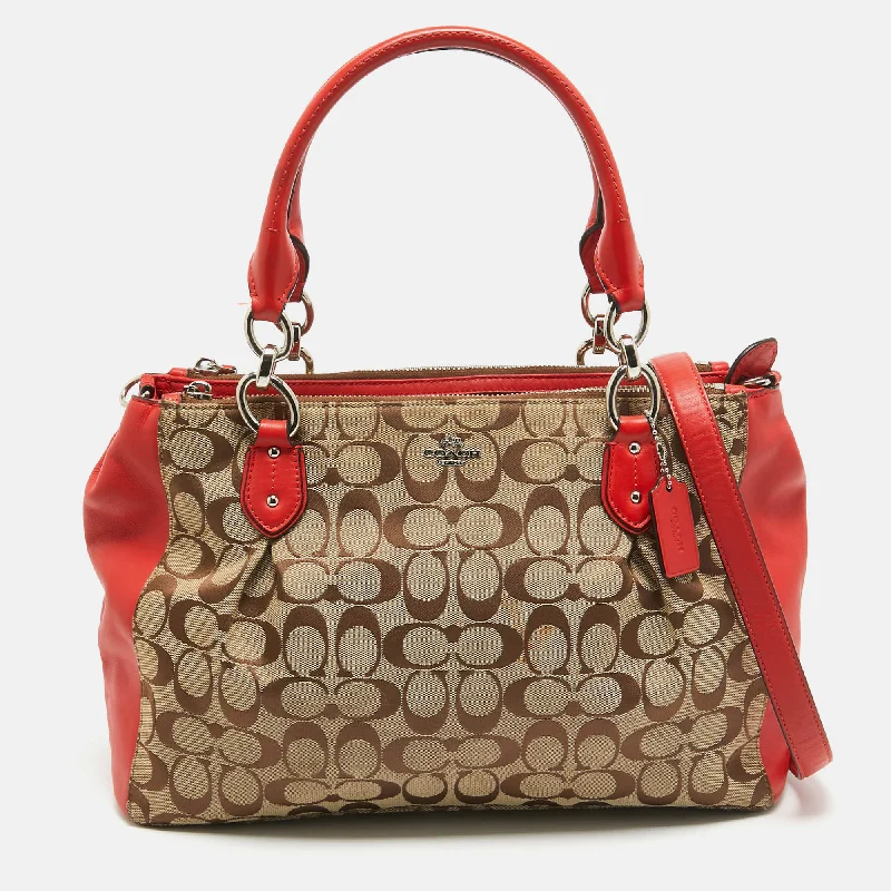 Ladies Coach shoulder bags with a magnetic - closure flap for easy accessRed/Beige Signature Canvas and Leather Large Christie Caryall Tote