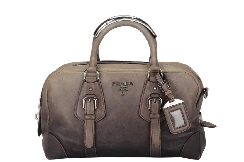 Prada tote bags with a double - handle and shoulder - strap option for easy usePRADA BANDOLIERA BROWN TAUPE LEATHER SILVER HARDWARE WITH STRAPS AND DUST COVER