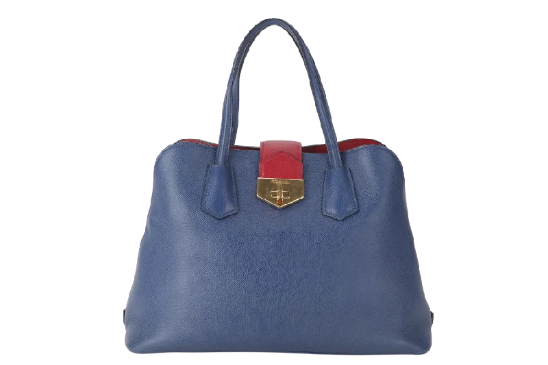 Prada bags with a detachable mobile phone holder for on - the - go conveniencePRADA BLUE-RED SAFFIANO LEATHER DOUBLE HANDLE TOTE (BN2755) GOLD HARDWARE WITH STRAP, CARD AND DUST COVER