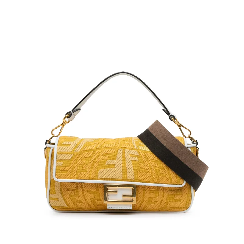 Ladies Fendi shoulder bags with a tassel - decorated zipper for added charm and styleYellow Fendi Sarah Coleman FF Canvas Fisheye  Baguette Satchel