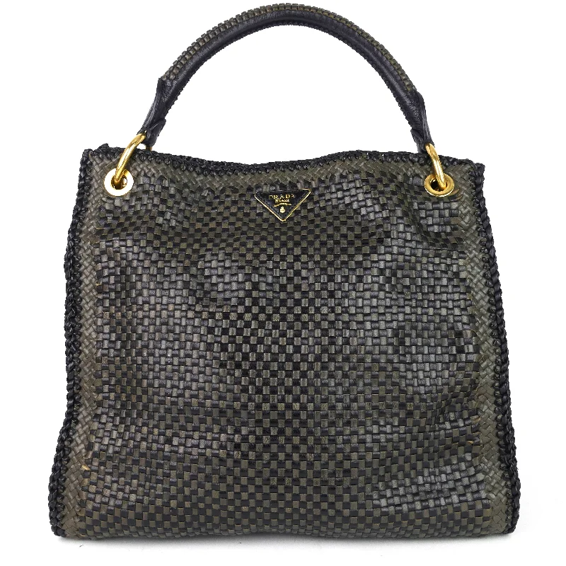 Prada Cahier bags with a monogram - embossed leather surfaceMadras Woven Leather Shoulder Bag