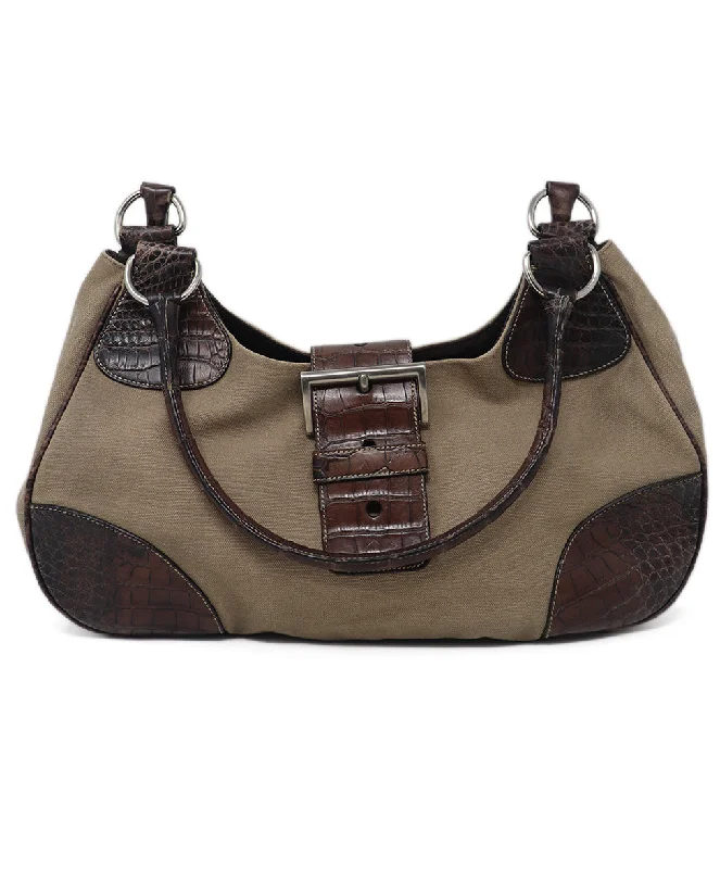 Prada Khaki Canvas & Brown Leather Shoulder Bag