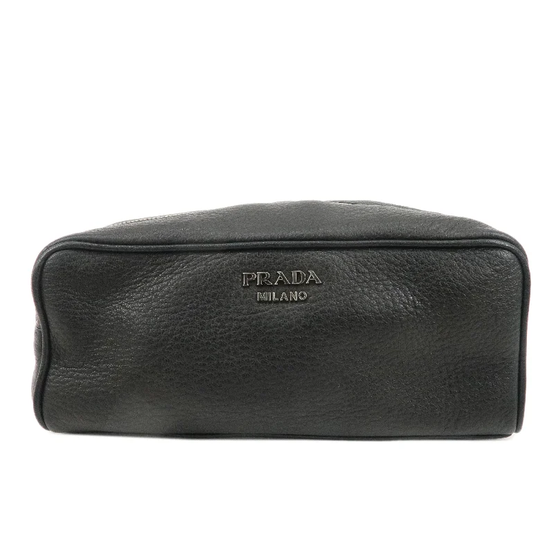 Prada bags with a detachable mirror inside for quick touch - upsPRADA Logo Leather Pouch Cosmetic Pouch Black Silver HDW