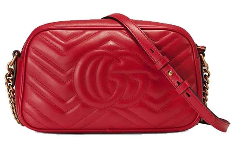 Gucci handbags for women with a metal - framed clasp(WMNS) GUCCI GG Marmont Gold Logo Leather Chain Small Red Classic Shoulder Messenger Bag 447632-DTD1T-6433