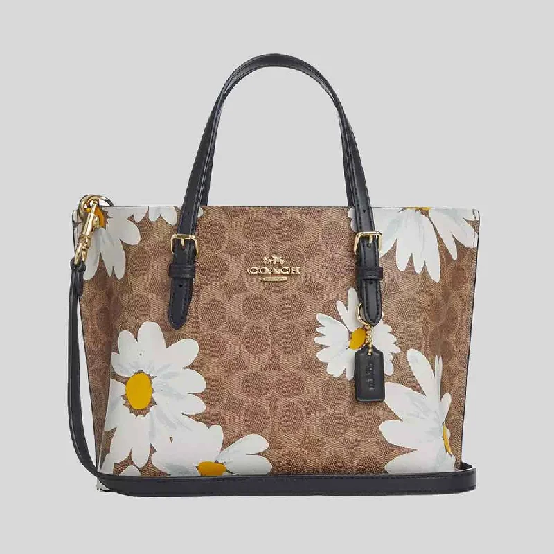 Coach bags with a front - flap pocket and a turnlock for a classic aestheticCOACH Mollie Tote Bag 25 In Signature Canvas With Floral Print Tan Multi CZ592