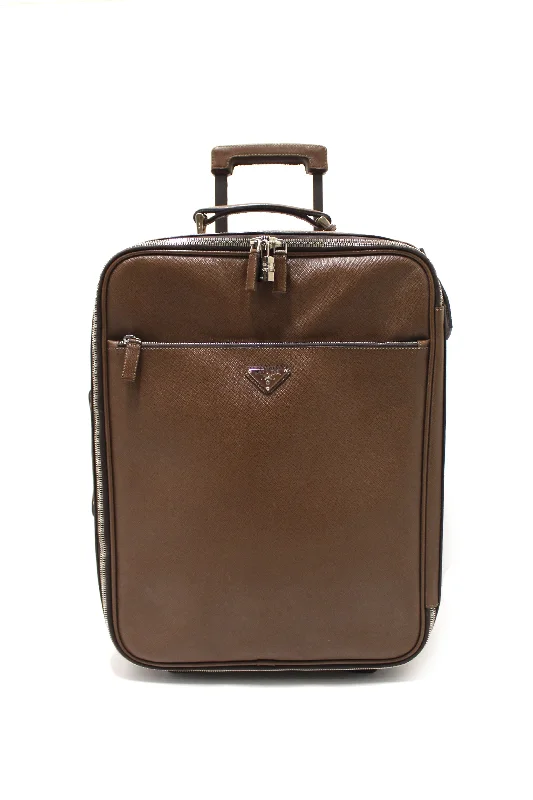 Prada bags with a front - flap pocket for quick access to essentialsAuthentic Prada Brown Saffiano Leather Travel Trolley Rolling Luggage