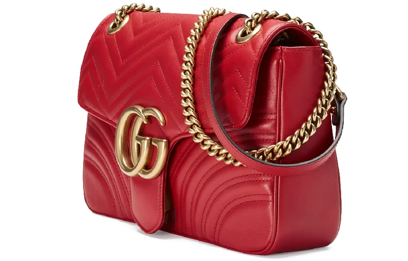 Ladies Gucci shoulder bags with a single - handle design(WMNS) GUCCI GG Marmont Gold Logo Distress Leather Chain Shoulder Messenger Bag Red Classic 443496-DTDIT-6433