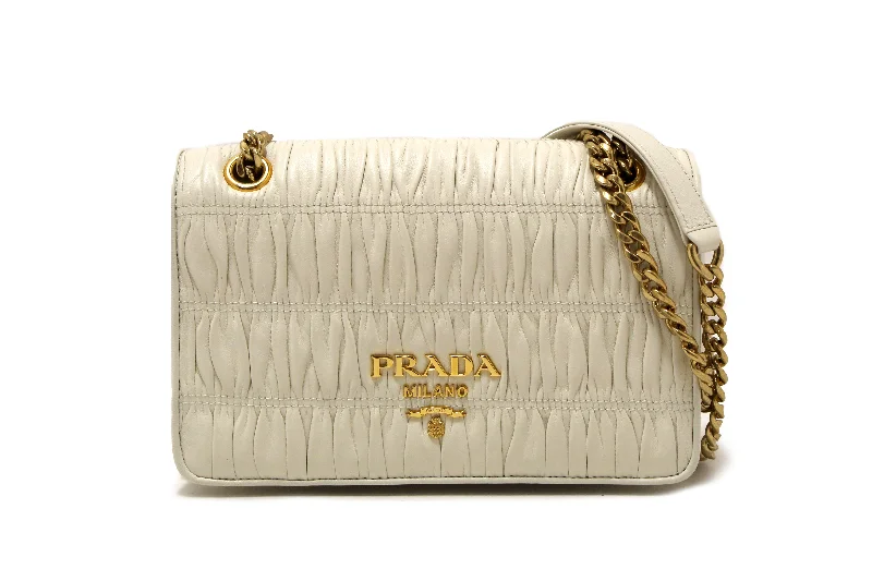 Prada tote bags with a spacious interior and a magnetic - snap closureAuthentic Prada Off White Matelasse Nappa Leather Flap Chain Bag