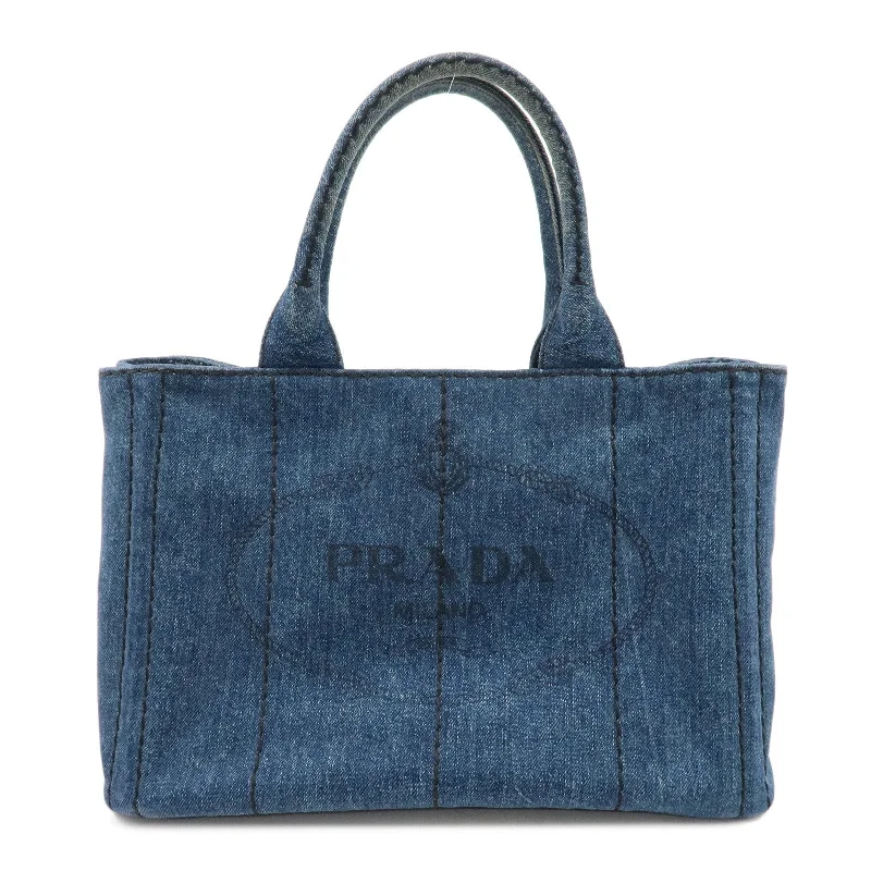 Prada bags with a detachable mobile phone holder for on - the - go conveniencePRADA Canapa Mini Denim 2Way Tote Shoulder Bag Blue 1BG439