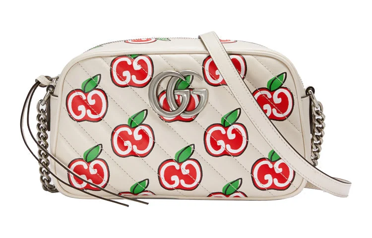 Gucci handbags for women with a metal - framed clasp(WMNS) GUCCI GG Marmont Silver Logo Apple Pattern Leather Chain Shoulder Messenger Bag Small White / Red Valentine's Day limited 447632-1W9AN-9086