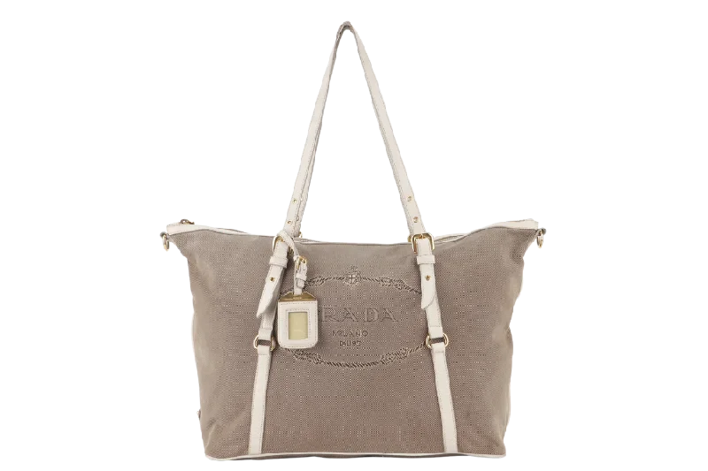 Prada bags with a front - flap pocket for quick access to essentialsPRADA LOGO JACQUARD TOTE KHAKI CANVAS GOLD HARDWARE NO DUST COVER