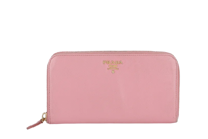 Prada Cahier bags with a leather - wrapped handle for a luxurious feelPRADA ZIP AROUND LONG WALLET PINK SAFFIANO LEATHER GOLD HARDWARE WITH BOX