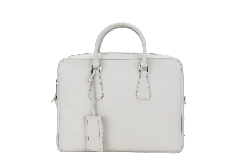 Prada bags with a chain - link trim and a leather body for a modern and stylish edgePRADA SAFFIANO LEATHER BRIEFCASE WITH CARD 2VE363 SILVER HARDWARE WITH STRAP AND DUST COVER