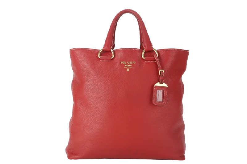 Ladies Prada handbags with a detachable wallet inside for added conveniencePRADA CONVERTIBLE VERTICAL TOTE RED GRAINED CALF LEATHER GOLD HARDWARE WITH DUST COVER AND STRAP