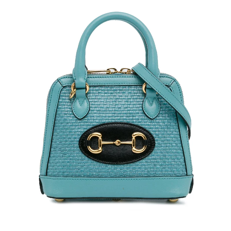 Women Gucci Sylvie bags with a leather - wrapped handleBlue Gucci Mini Raffia Horsebit 1955 Top Handle Bag Satchel