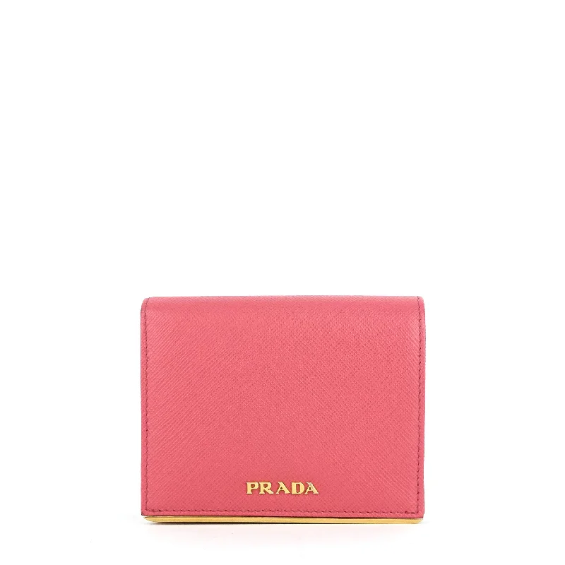 Prada Cleo bags with a curved shape and a chain - link shoulder strapMetal Bar Saffiano Leather Compact Wallet