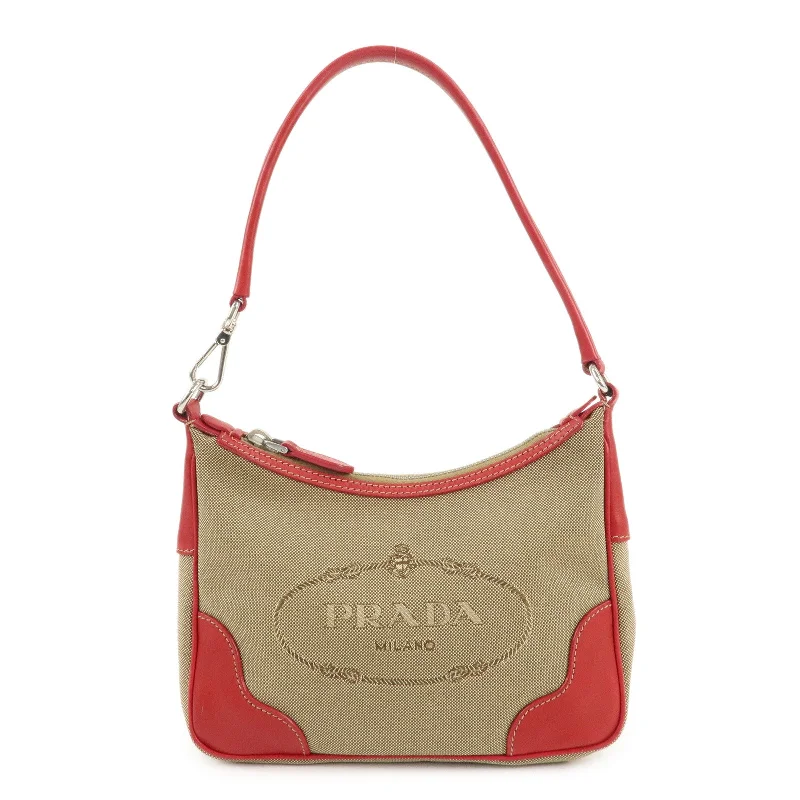 Prada handbags with a metal - framed clasp for durability and stylePRADA Logo Jacquard Leather Shoulder Bag Beige Red