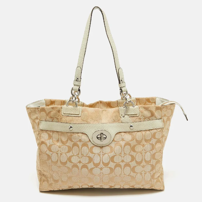 Coach tote bags with a double - handle and shoulder - strap option for easy useBeige/Off White Signature Canvas and Snakeskin Embossed Leather Penelope Tote