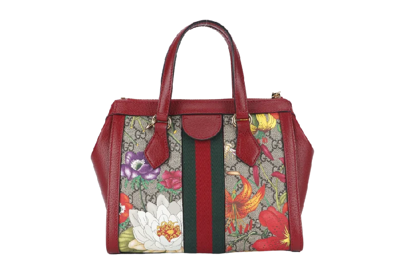 Prada tote bags with a spacious interior and a magnetic - snap closureGUCCI GG FLORA WEB 2WAY BAG (547551 525040) SMALL RED LEATHER GOLD HARDWARE WITH STRAP AND DUST COVER