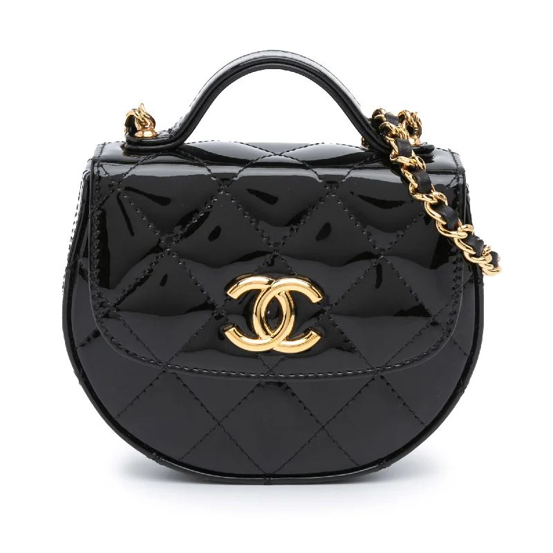 Chanel bags available in bold colors and patternsBlack Chanel Mini CC Quilted Patent Leather Top Handle Clutch with Chain Satchel