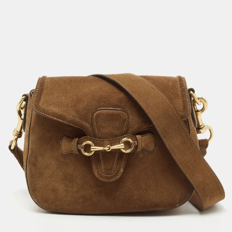 Women Gucci Sylvie bags with a monogram - embossed leatherGucci Brown Suede Horsebit Shoulder Bag