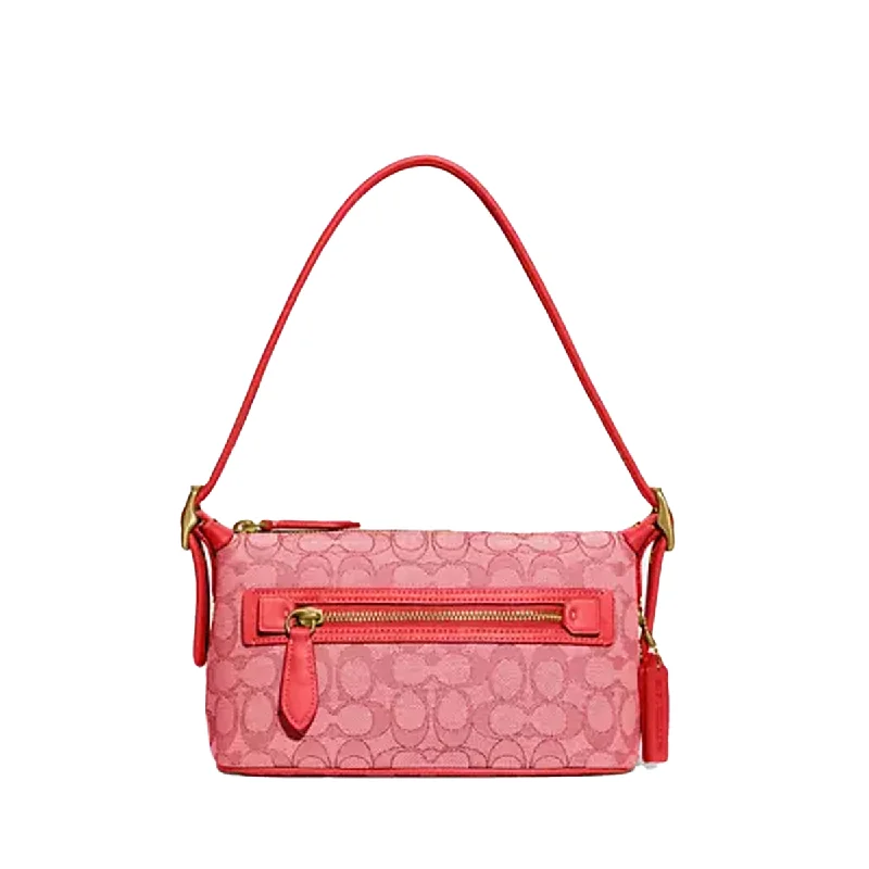 Coach tote bags with a snap - button closure and a decorative charm for styleCoach Signature Jacquard Demi Shoulder Bag - Sport Red