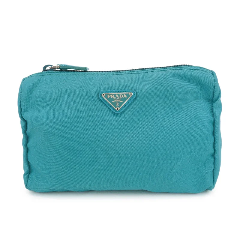 Prada bags with a chain - link trim and a leather body for a modern and stylish edgePRADA Logo Nylon Pouch Cosmetic Pouch BLue